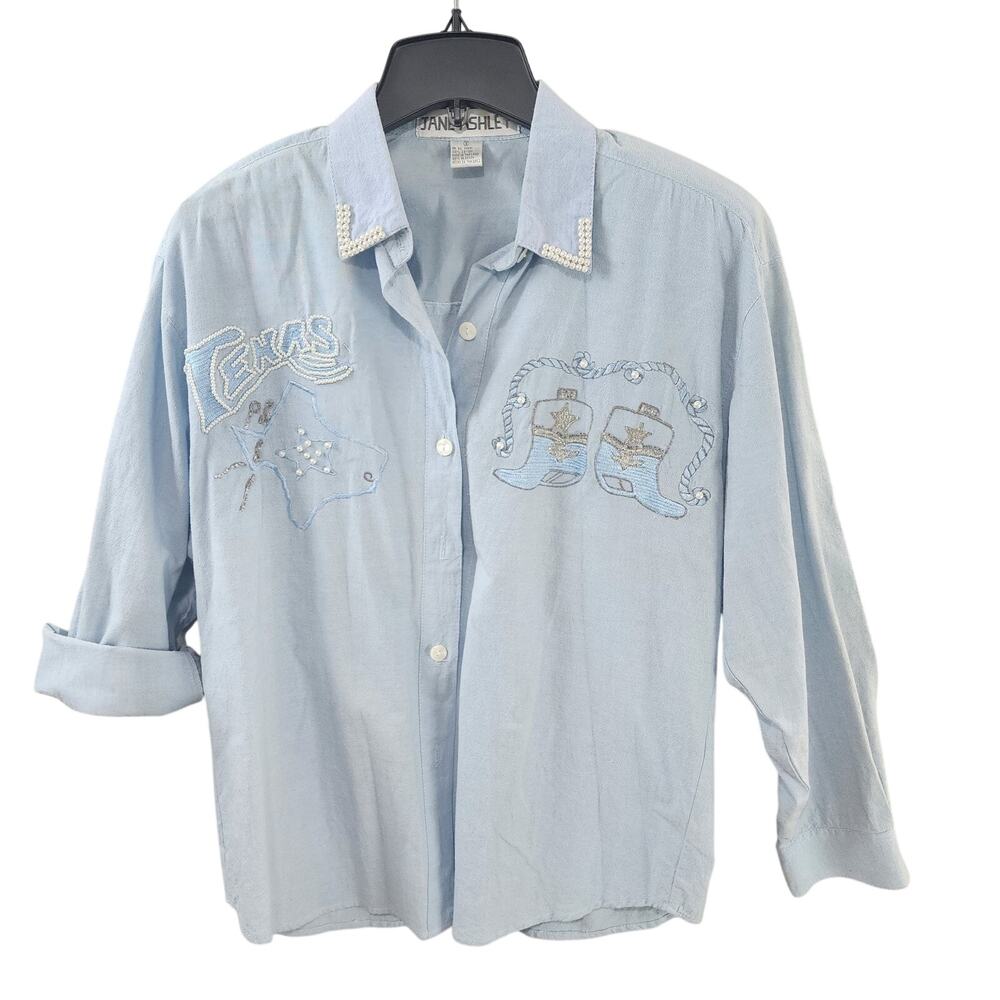 Jane Ashley Texas Western Shirt Women Small Lt Blue Embroidered Cowboy Boots